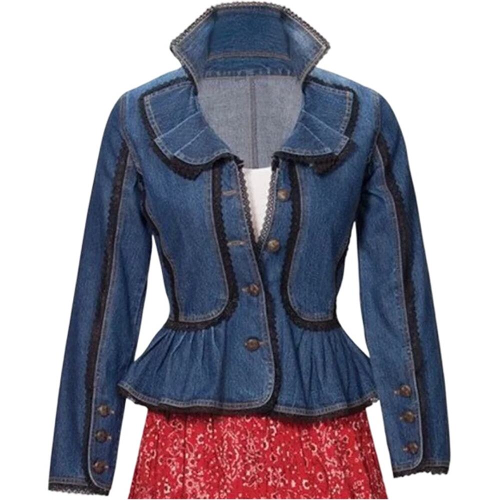 The Paragon Diva Denim Ruffle Jacket Small Peplum Lace Trim Flared Sleeves